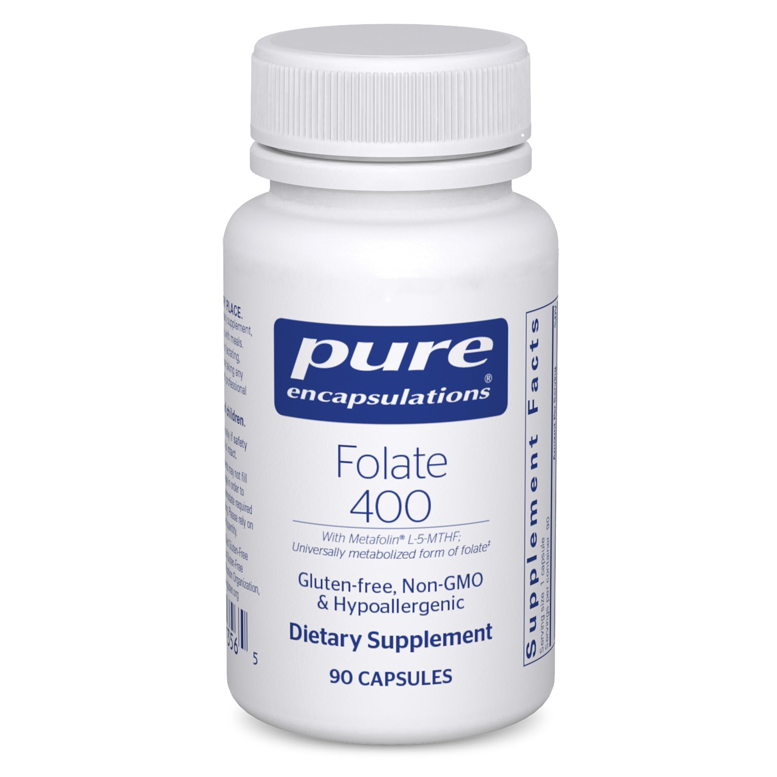 Pure Encapsulations Folate 400 bottle front shows premium, contaminant-free formulation for daily support.