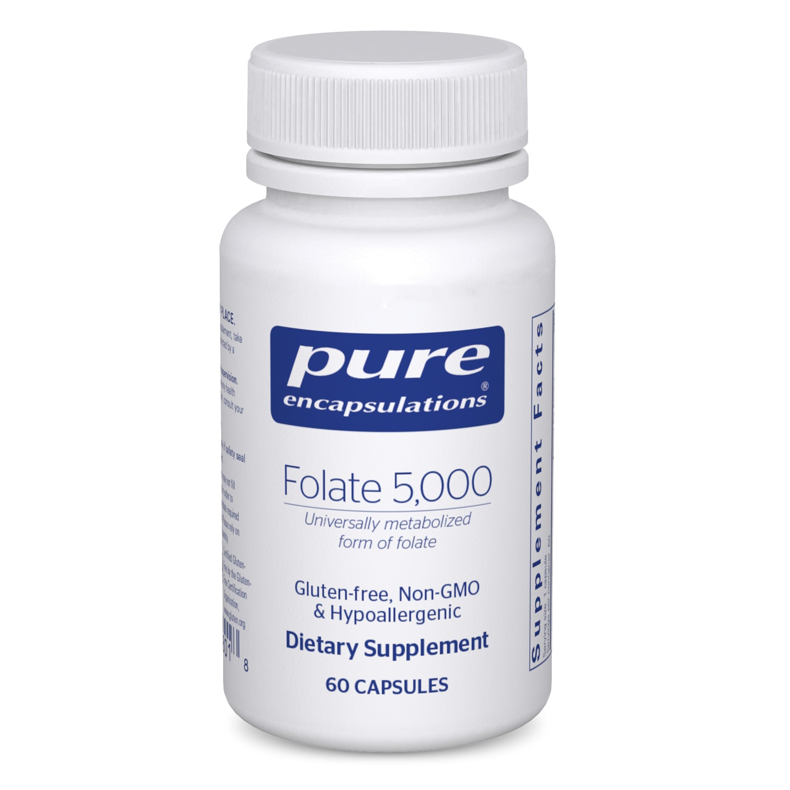 Pure Encapsulations Folate 5,000 bottle highlighting Metafolin 5-MTHF for cellular support