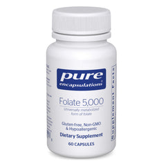 Pure Encapsulations Folate 5,000 bottle highlighting Metafolin 5-MTHF for cellular support