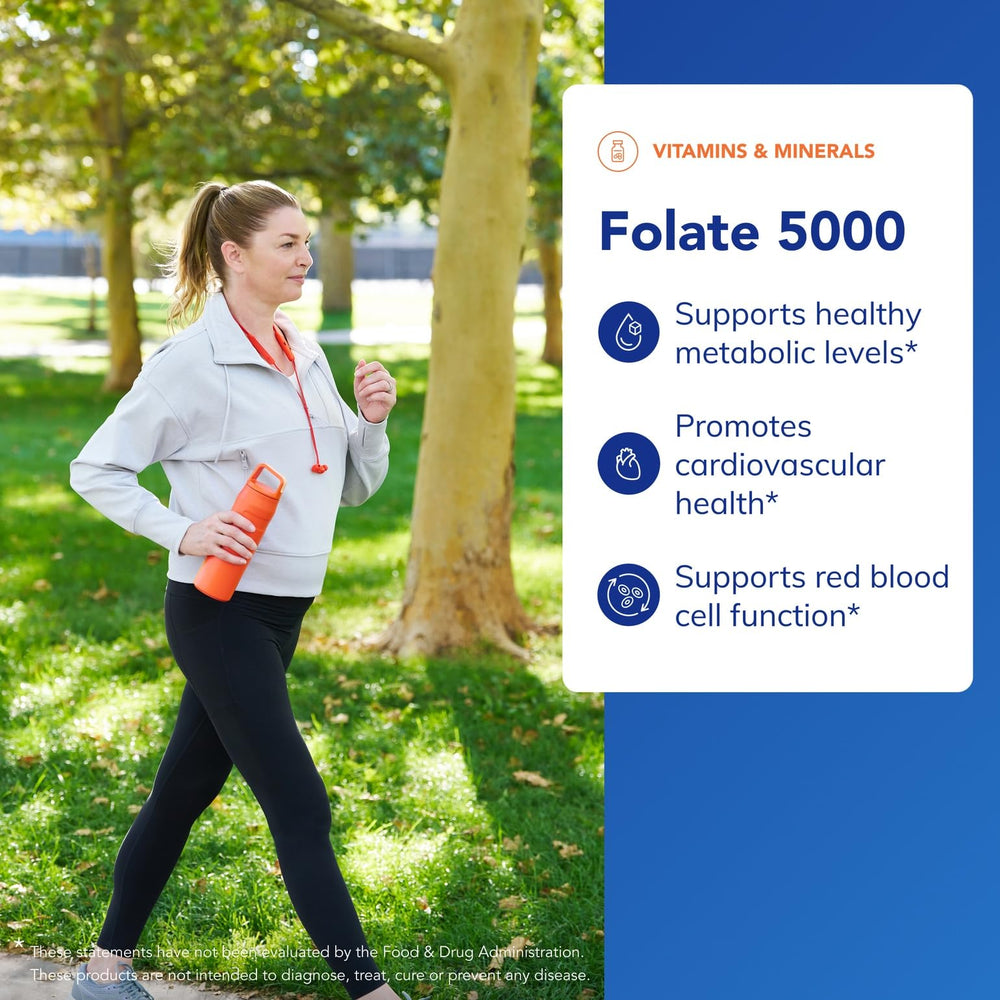 Label detail on Folate 5,000 showing Metafolin content