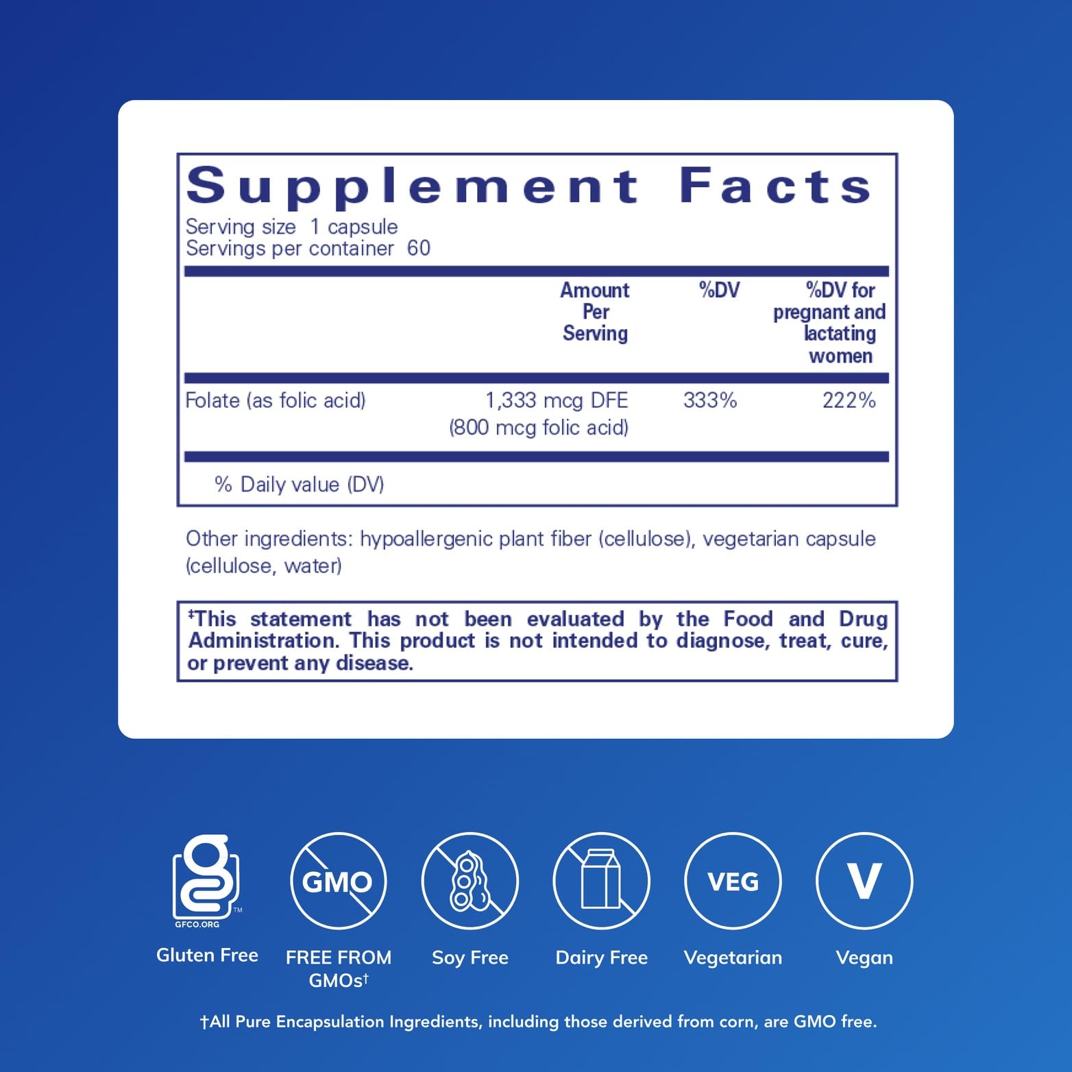 Pure Encapsulations Folic Acid capsules pack illustrating compact hypoallergenic daily supplement.