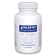 Pure Encapsulations G.I. Fortify bottle on countertop supports digestive health.