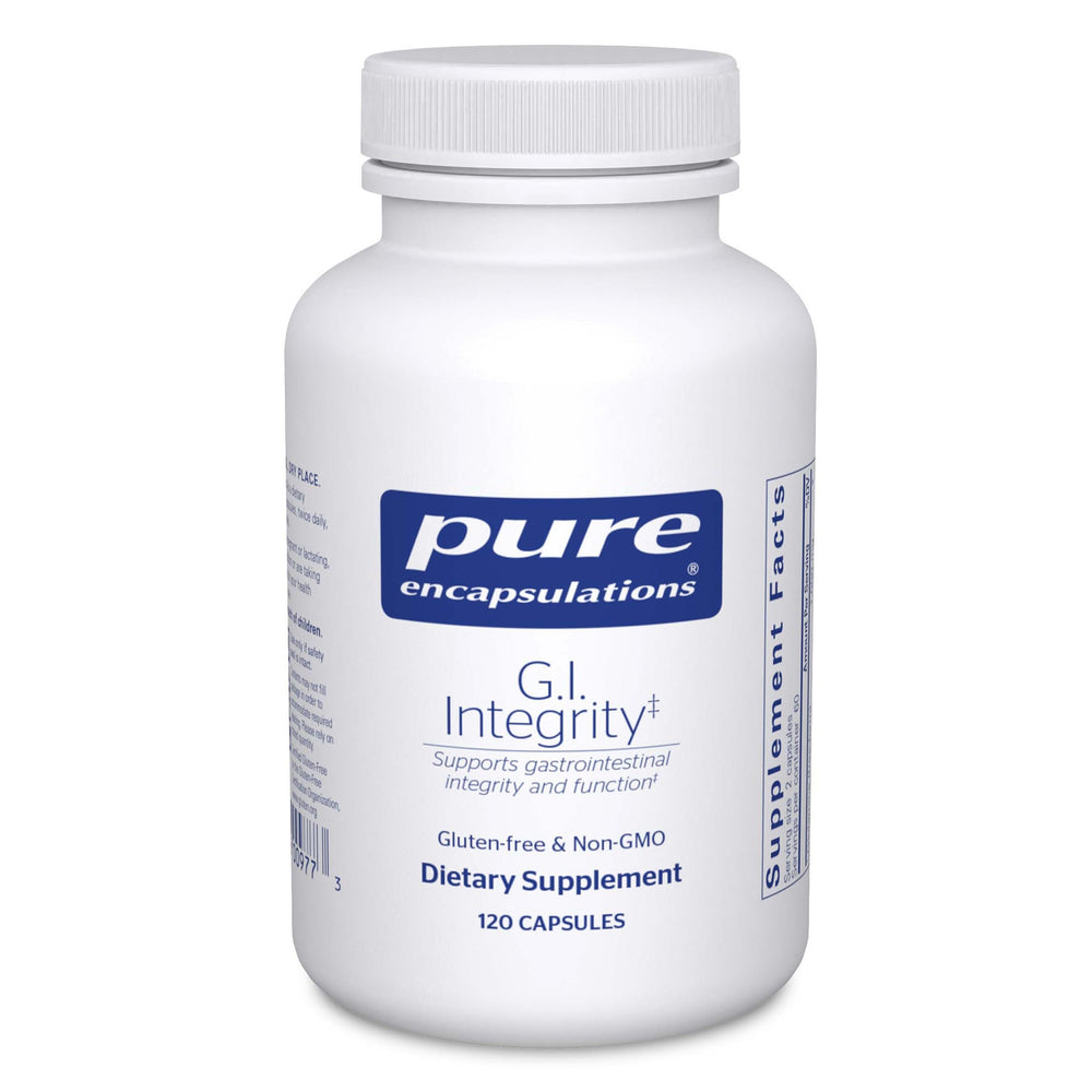 Pure Encapsulations G.I. Integrity bottle-front label highlights premium gut health support.