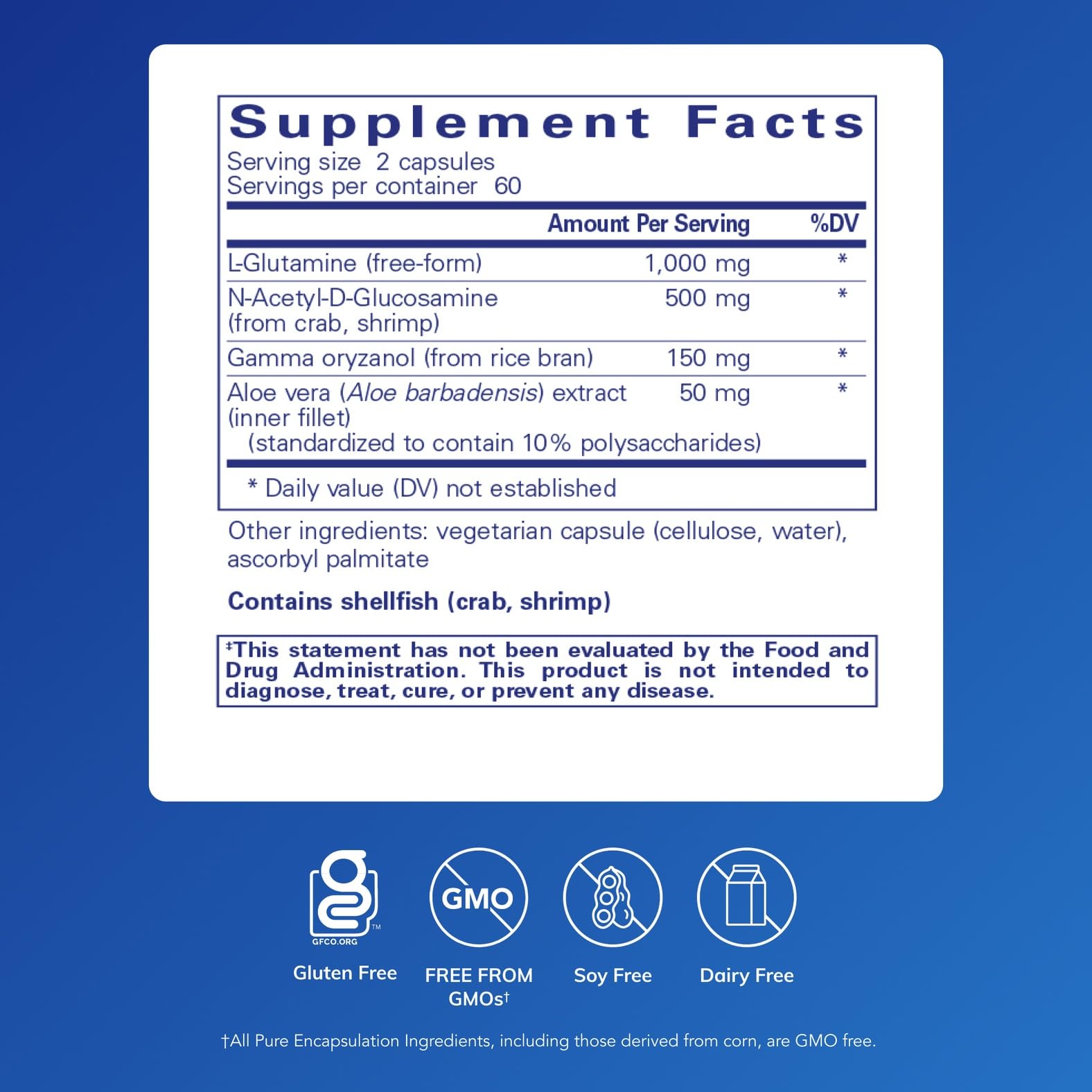 Pure Encapsulations G.I. Integrity bottle-side panel shows allergen-free formulation for sensitive diets.