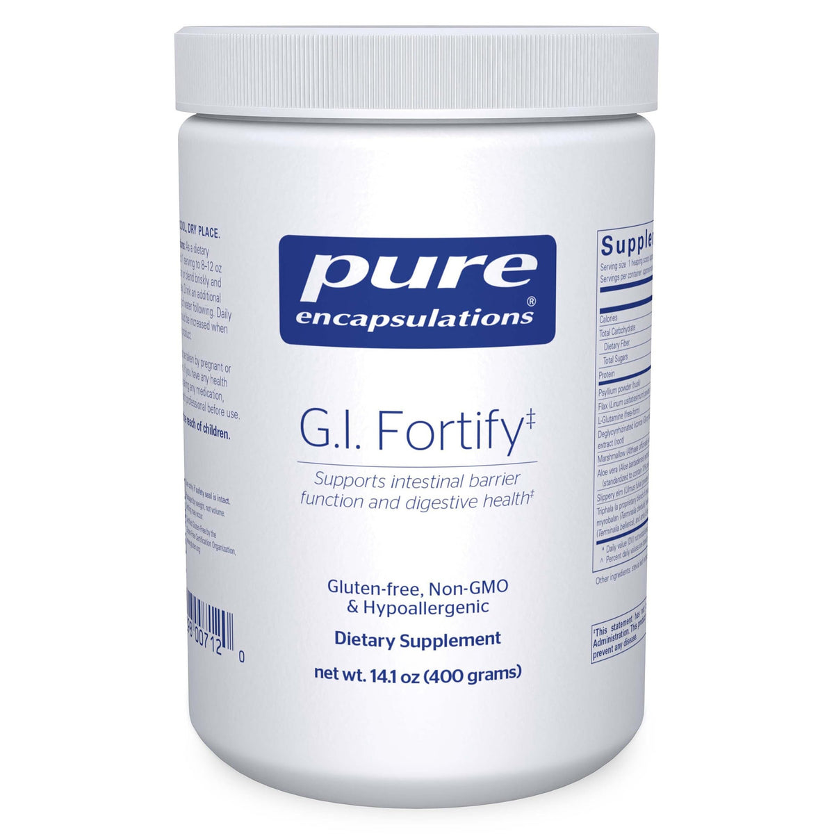Pure Encapsulations G.I. Fortify bottle label highlights gut support potential.
