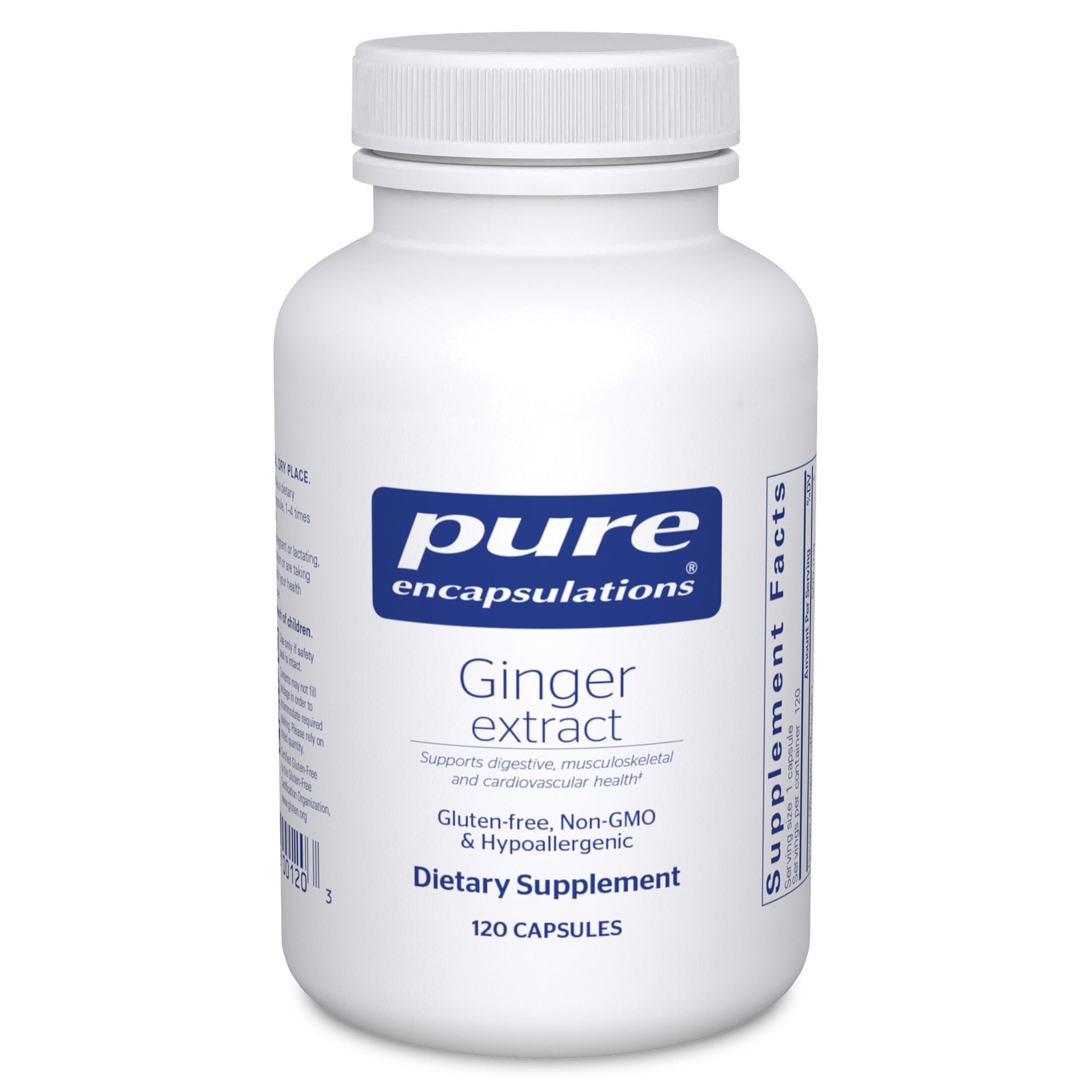 Pure Encapsulations Ginger Extract bottle on white for easy daily digestive support.