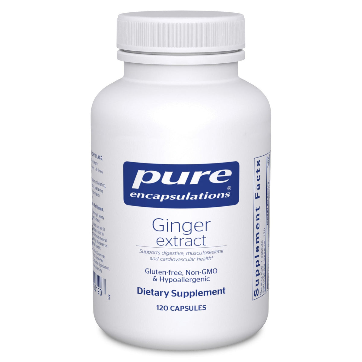 Pure Encapsulations Ginger Extract bottle on white for easy daily digestive support.