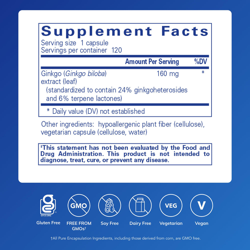 Pure Encapsulations Ginkgo 50 160 mg capsules close-up for easy daily intake.