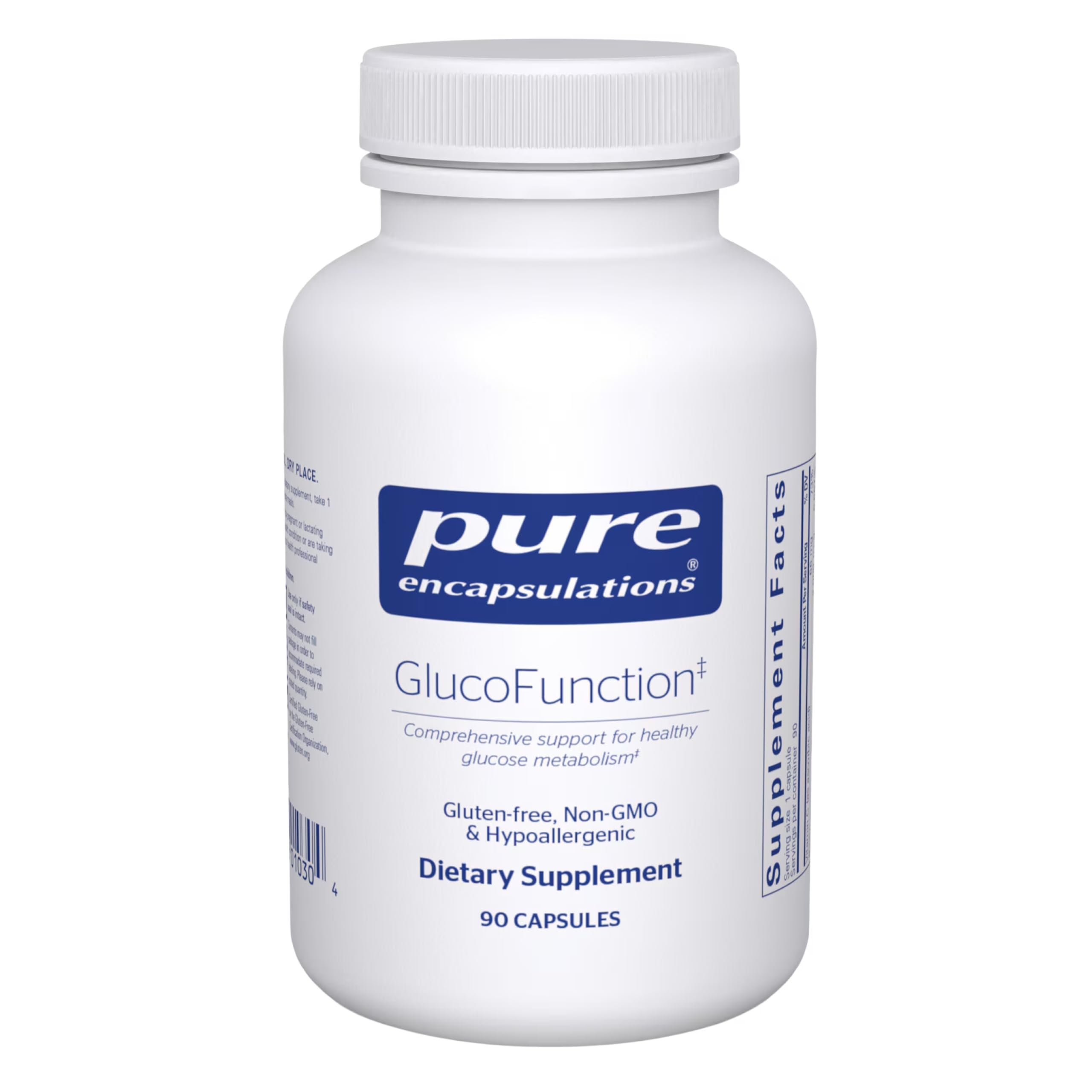 Pure Encapsulations GlucoFunction bottle closeup for balanced metabolism support.
