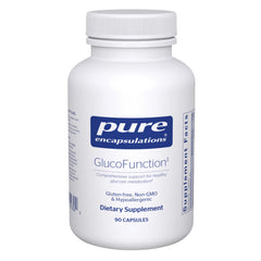 Pure Encapsulations GlucoFunction bottle closeup for balanced metabolism support.