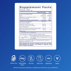 Pure Encapsulations GlucoFunction bottle label close-up highlights premium ingredients.