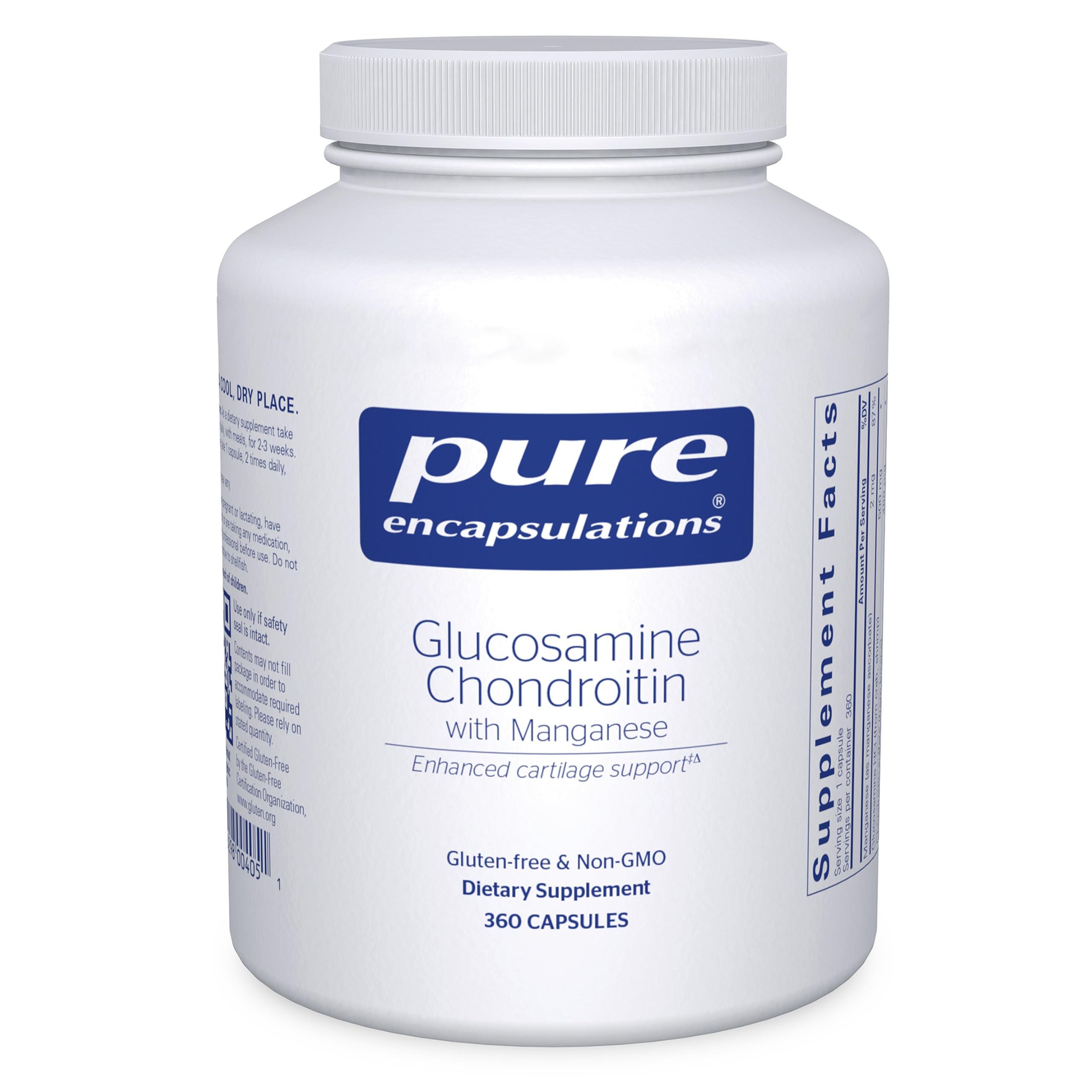 Pure Encapsulations Glucosamine Chondroitin with Manganese bottle on shelf highlighting joint support potential