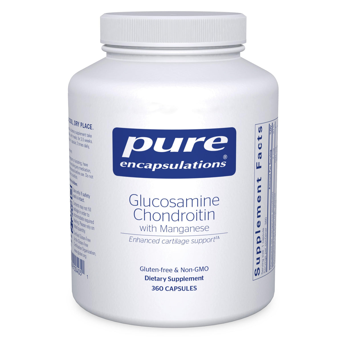 Pure Encapsulations Glucosamine Chondroitin with Manganese bottle on shelf highlighting joint support potential
