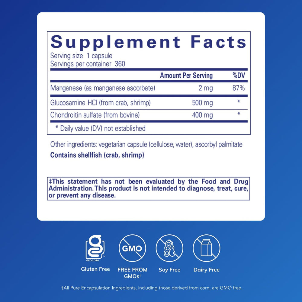 Close-up of capsules and label for Pure Encapsulations glucosamine chondroitin manganese supporting cartilage care