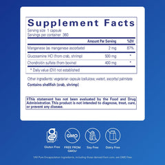 Close-up of capsules and label for Pure Encapsulations glucosamine chondroitin manganese supporting cartilage care