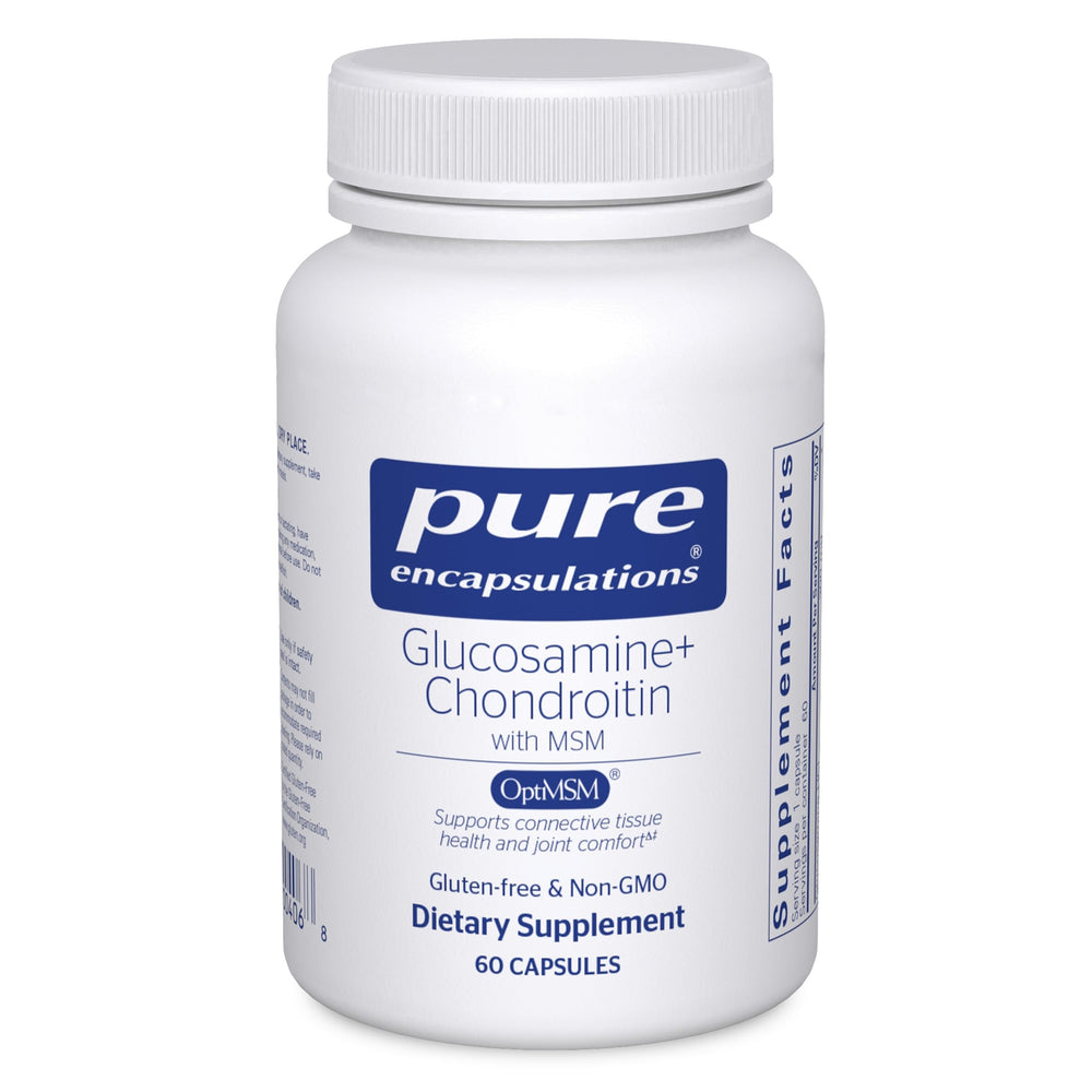 Pure Encapsulations glucosamine chondroitin MSM bottle front promotes joint health and ease of daily use.
