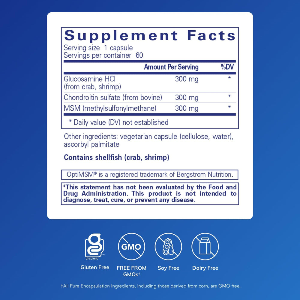 Pure Encapsulations glucosamine chondroitin MSM bottle label highlights gluten-free, non-GMO formulation.