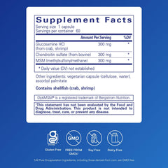 Pure Encapsulations glucosamine chondroitin MSM bottle label highlights gluten-free, non-GMO formulation.