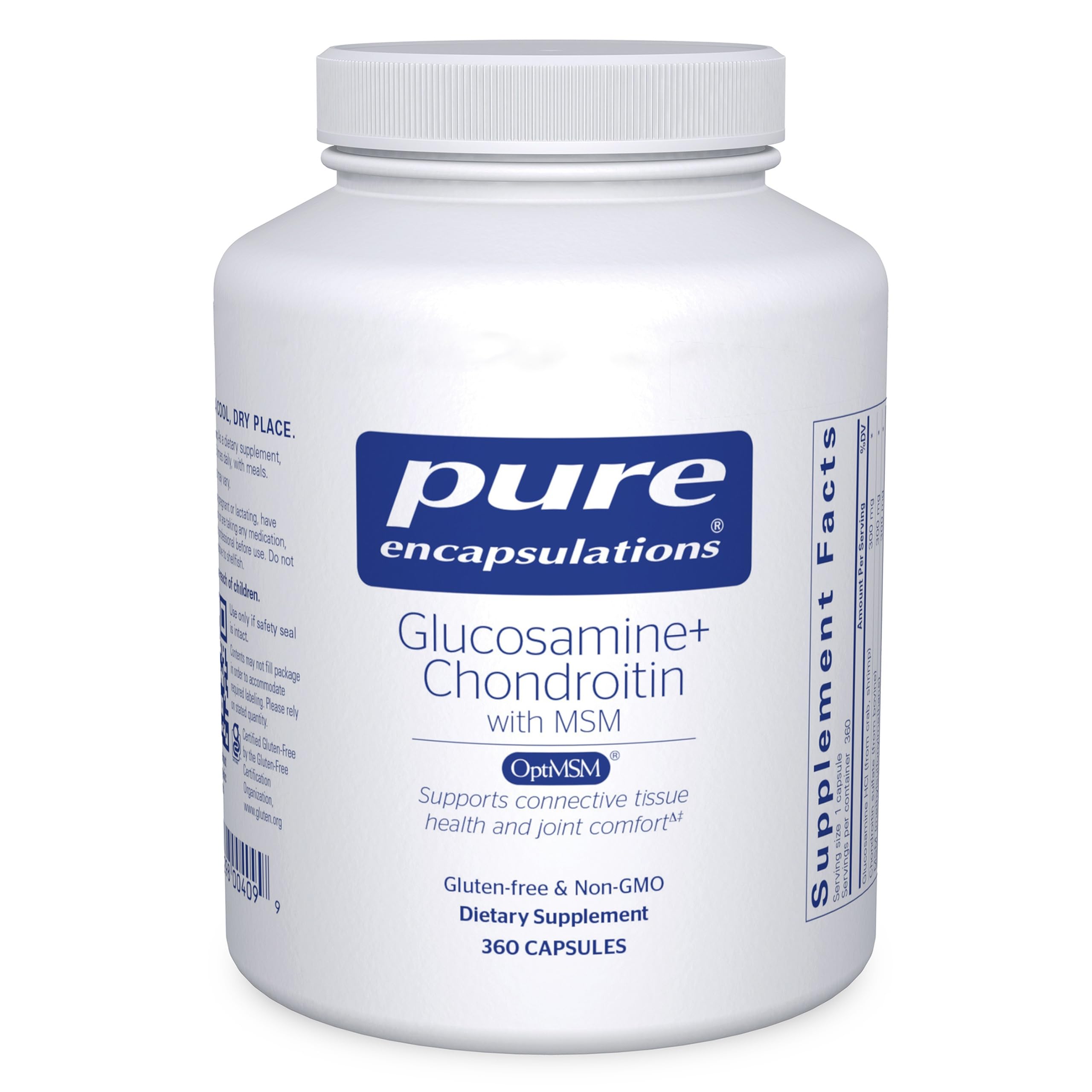 Pure Encapsulations glucosamine chondroitin MSM bottle indicating joint support potential