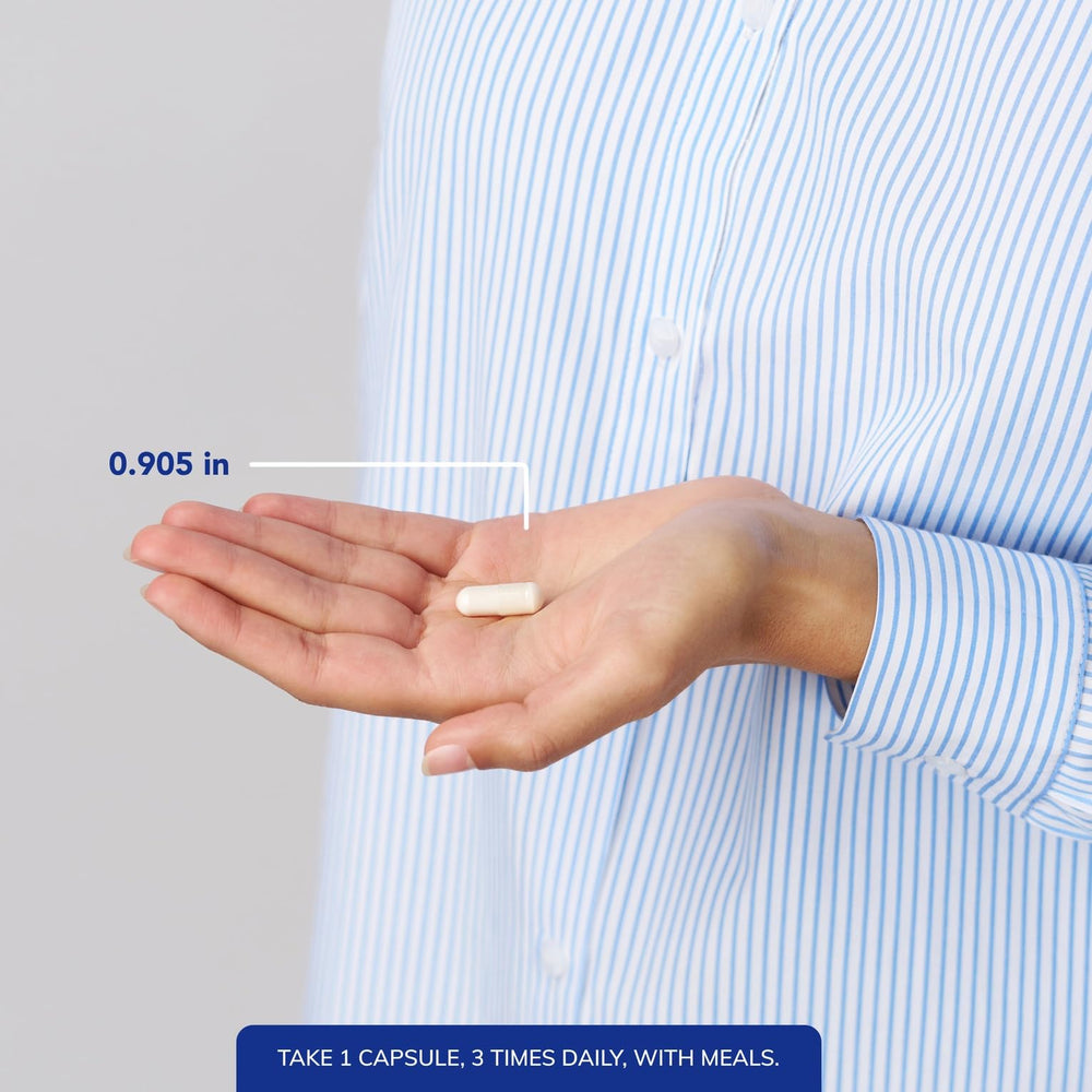 Capsules with water illustrate easy daily dosage.