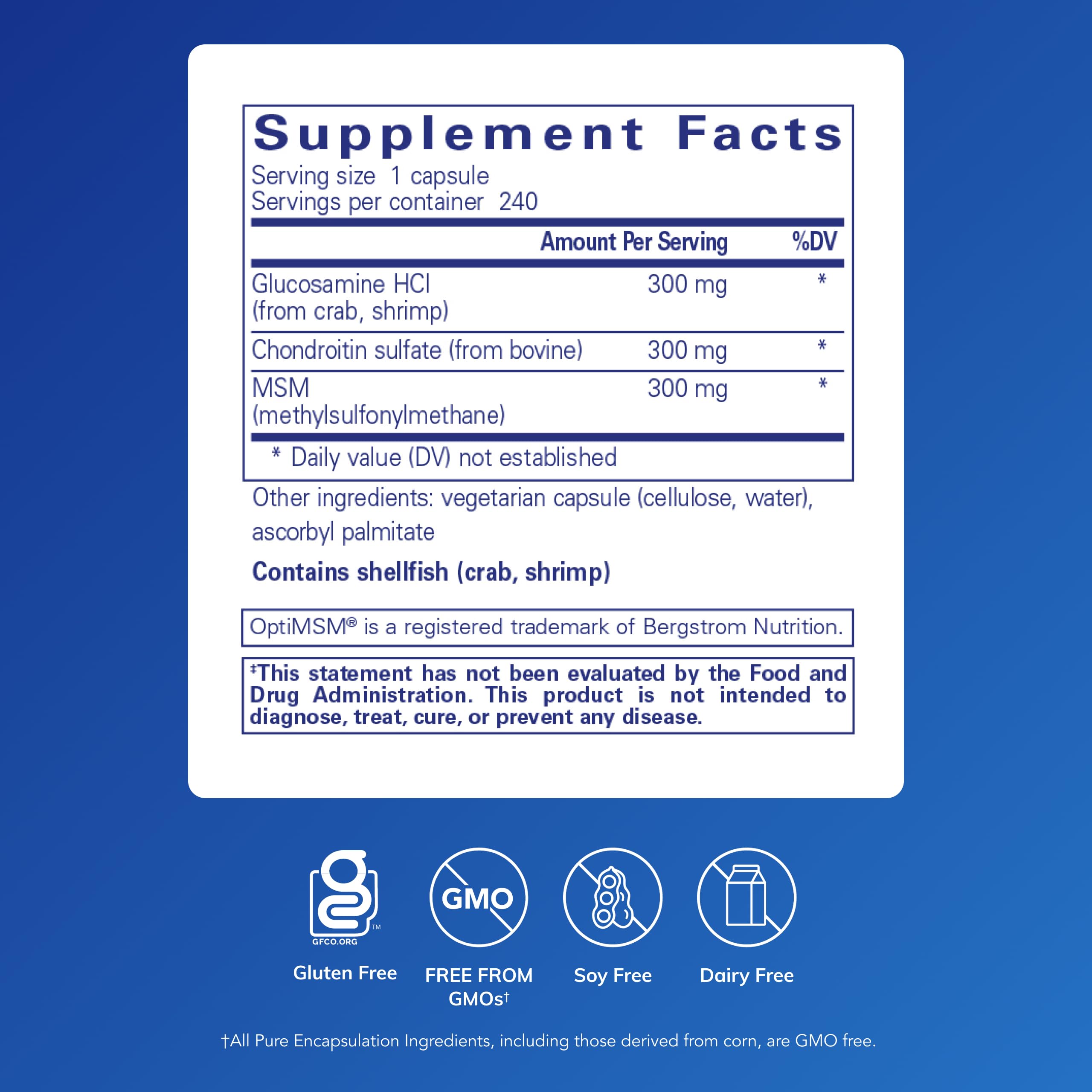 Pure Encapsulations Glucosamine Chondroitin MSM capsules close-up for mobility support.