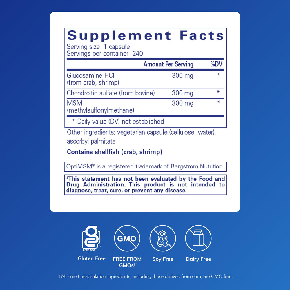 Pure Encapsulations Glucosamine Chondroitin MSM capsules close-up for mobility support.