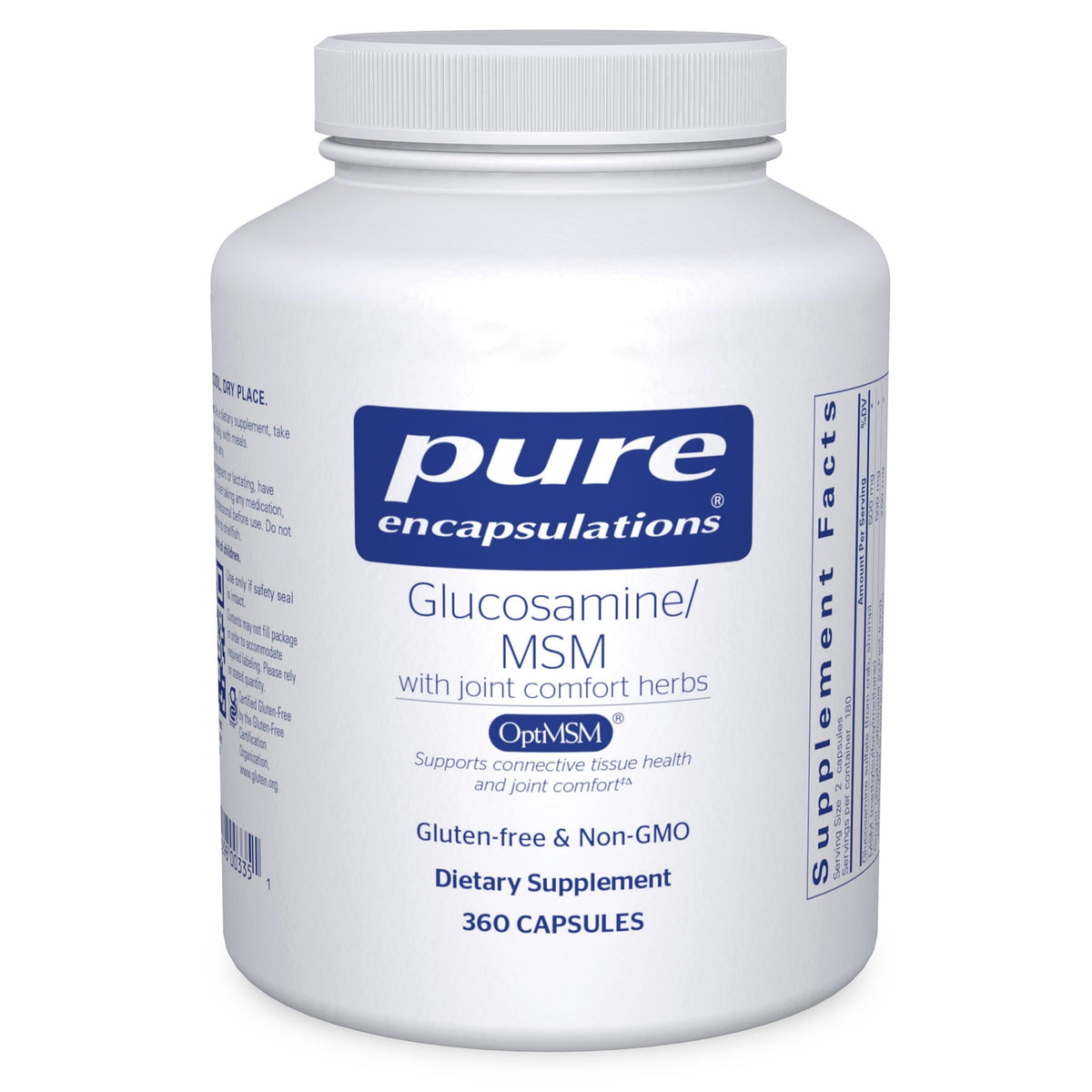 Pure Encapsulations Glucosamine MSM bottle front view for joint support.