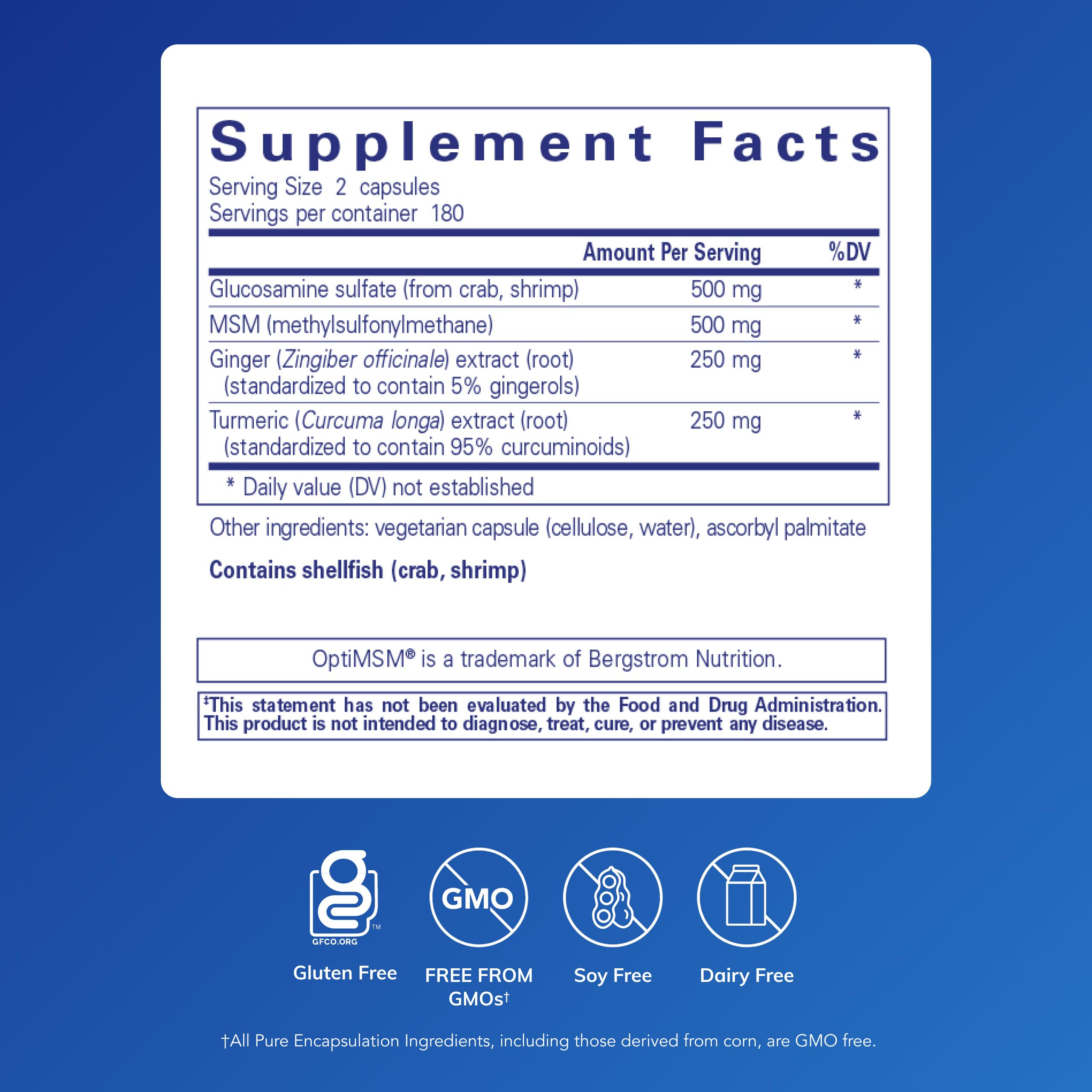 Close-up of Pure Encapsulations Glucosamine MSM capsules highlighting quality.