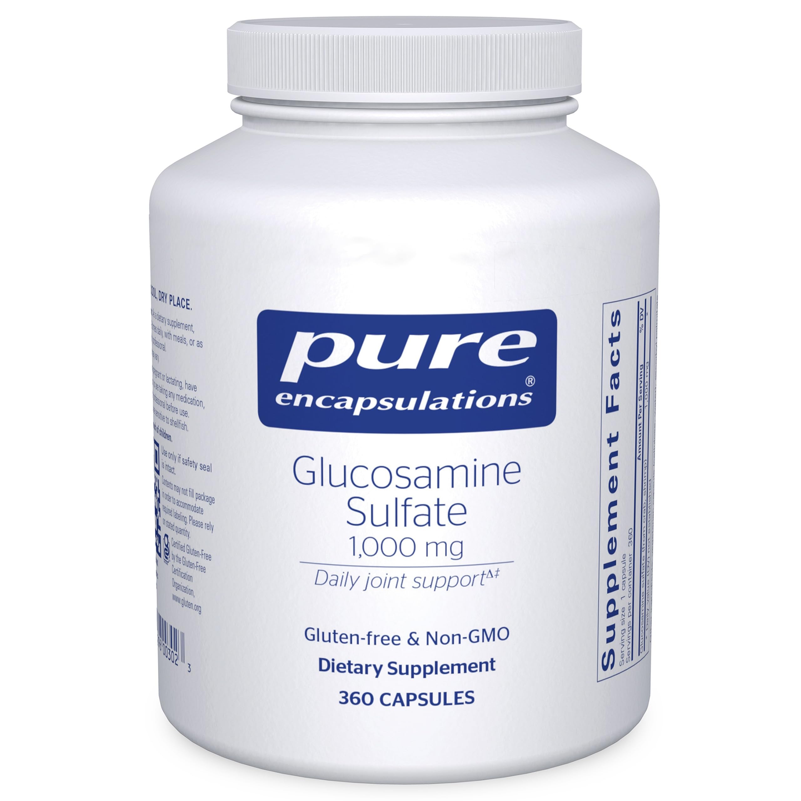 Pure Encapsulations Glucosamine sulfate 1000 mg bottle close-up for joint support.