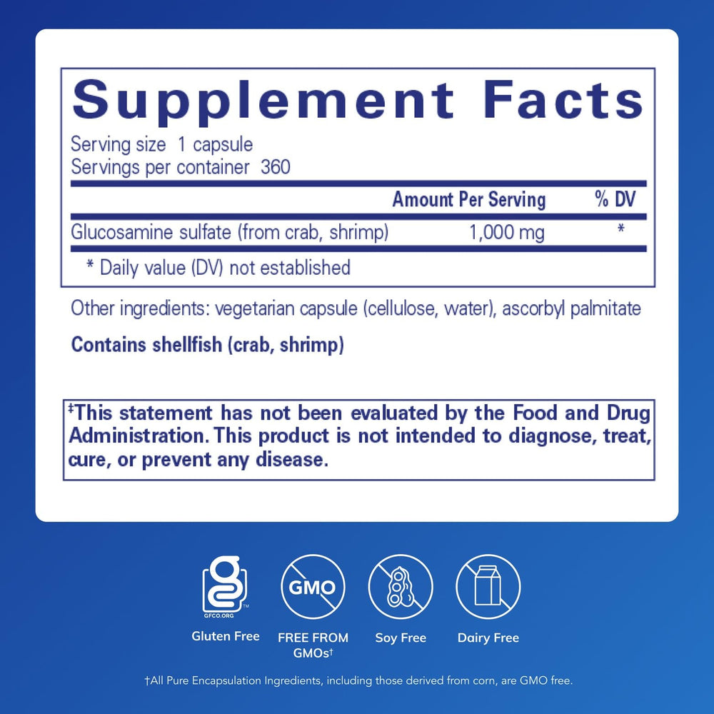 Pure Encapsulations Glucosamine sulfate 1000 mg bottle label highlighting purity.