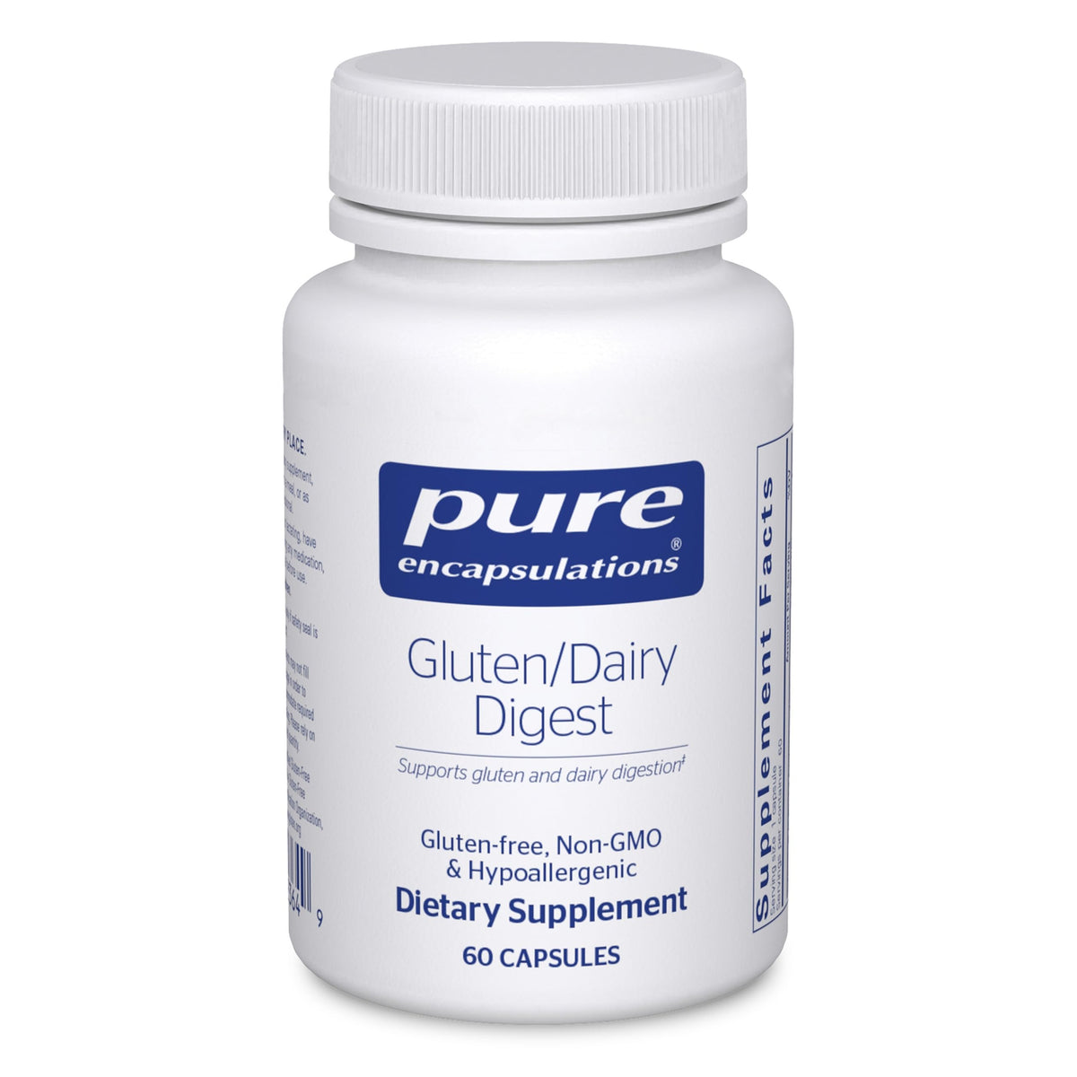 Pure Encapsulations gluten dairy digest bottle pour showing enzyme support for gluten