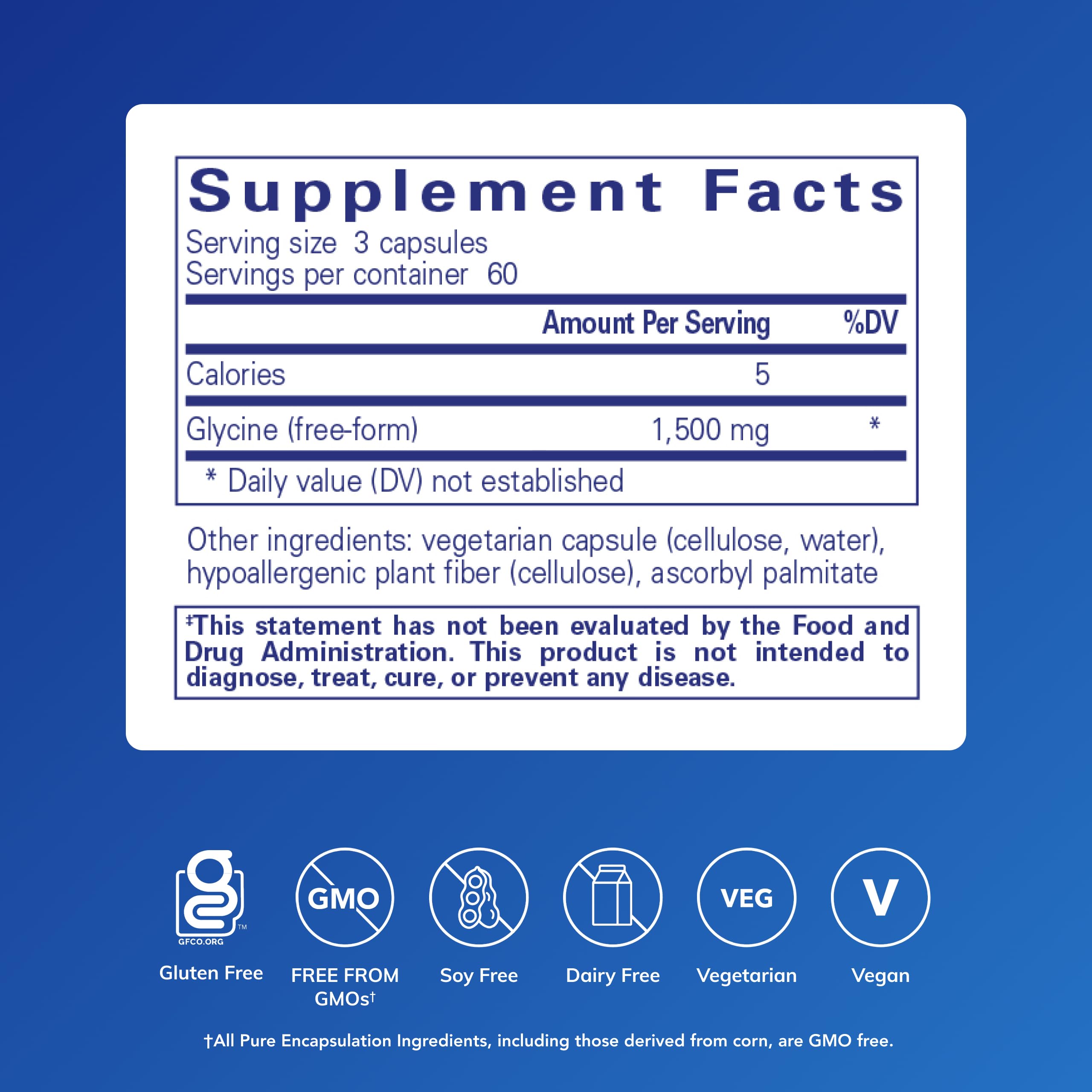 Pure Encapsulations Glycine capsules close-up showing vegan, easy-to-swallow form.