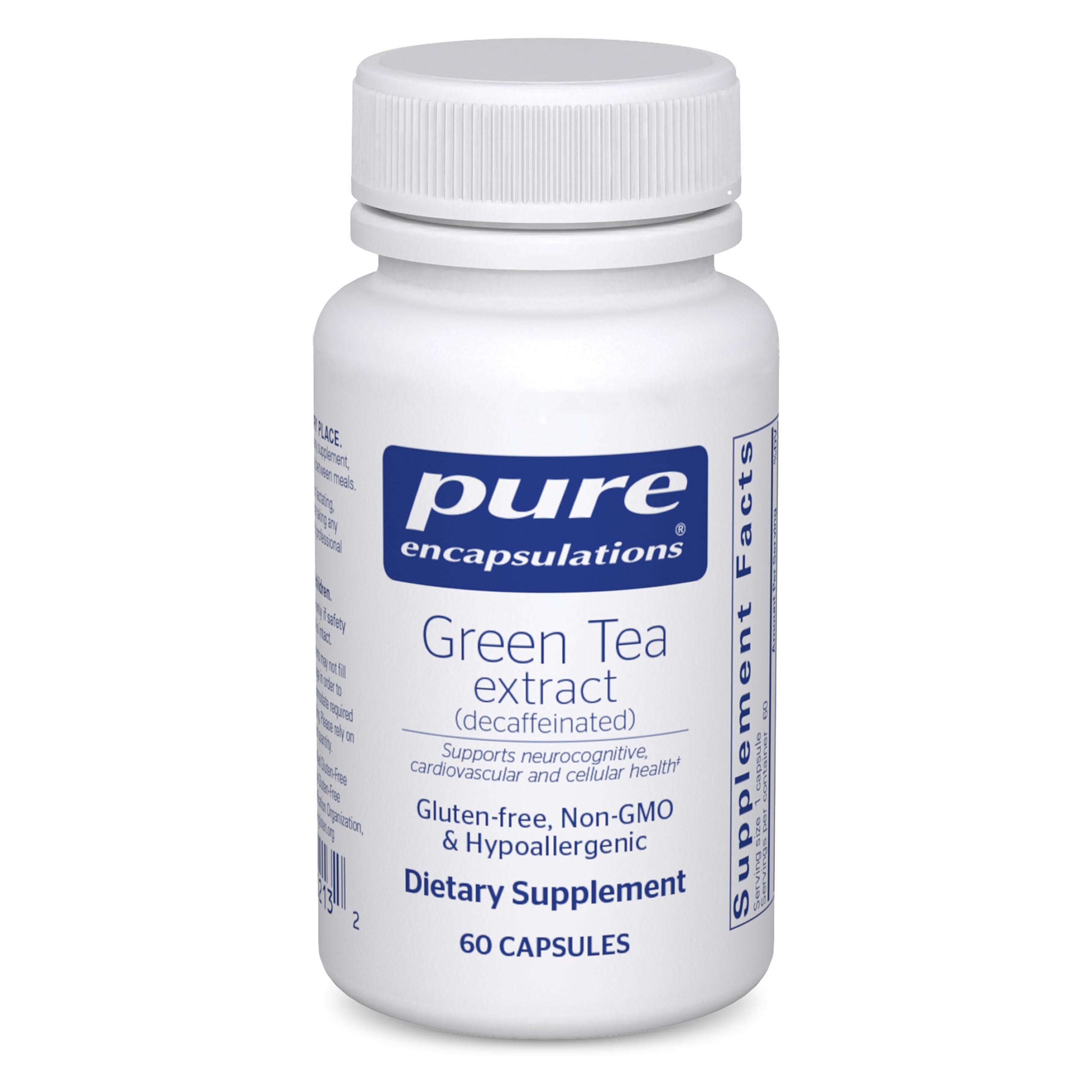 pure encapsulations green tea extract decaf bottle highlighting antioxidant support for all cells