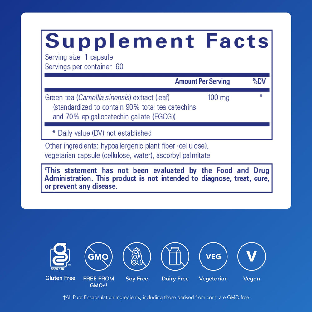 pure encapsulations green tea extract decaf capsules showing caffeine-free daily use