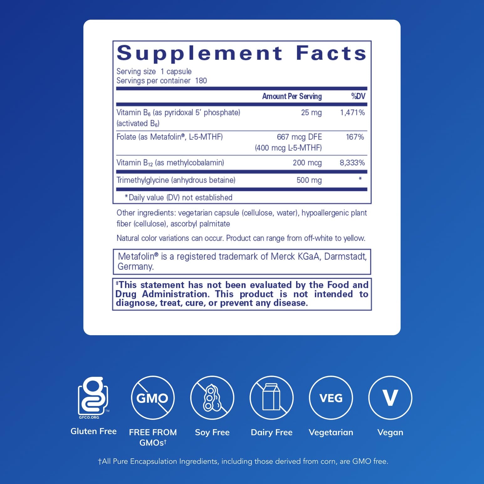 Pure Encapsulations Homocysteine Factors bottle-back label with ingredient overview