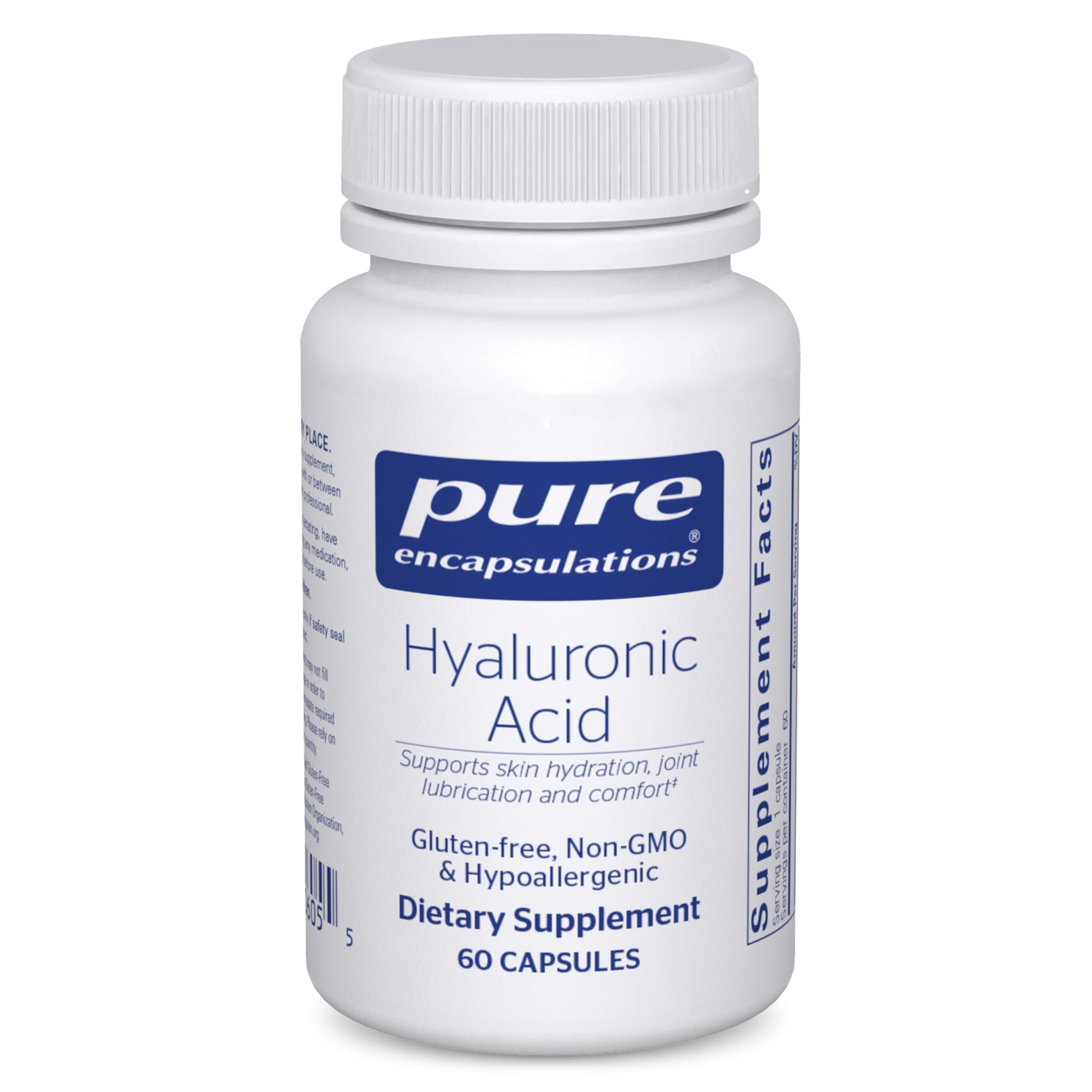 Pure Encapsulations Hyaluronic Acid bottle front shows hydration and joint support.