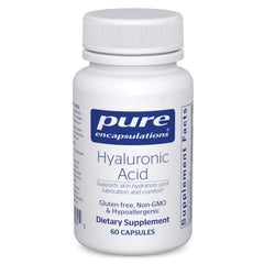 Pure Encapsulations Hyaluronic Acid bottle front shows hydration and joint support.