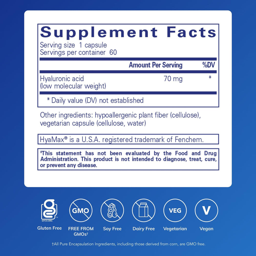 Pure Encapsulations Hyaluronic Acid capsules closeup highlights easy-to-swallow vegan capsules.