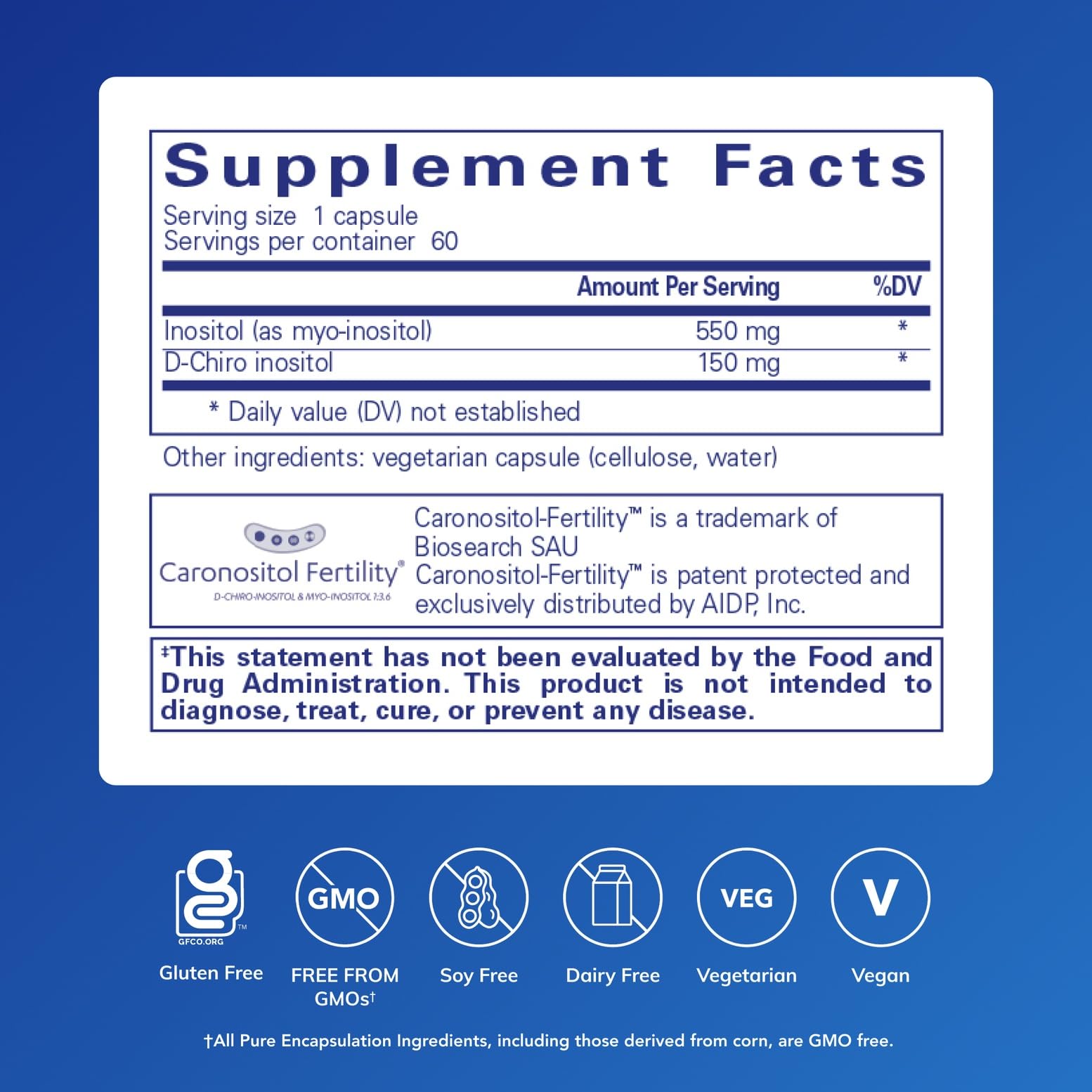 Pure Encapsulations Inositol Complex bottle back shows ingredients and quality standards