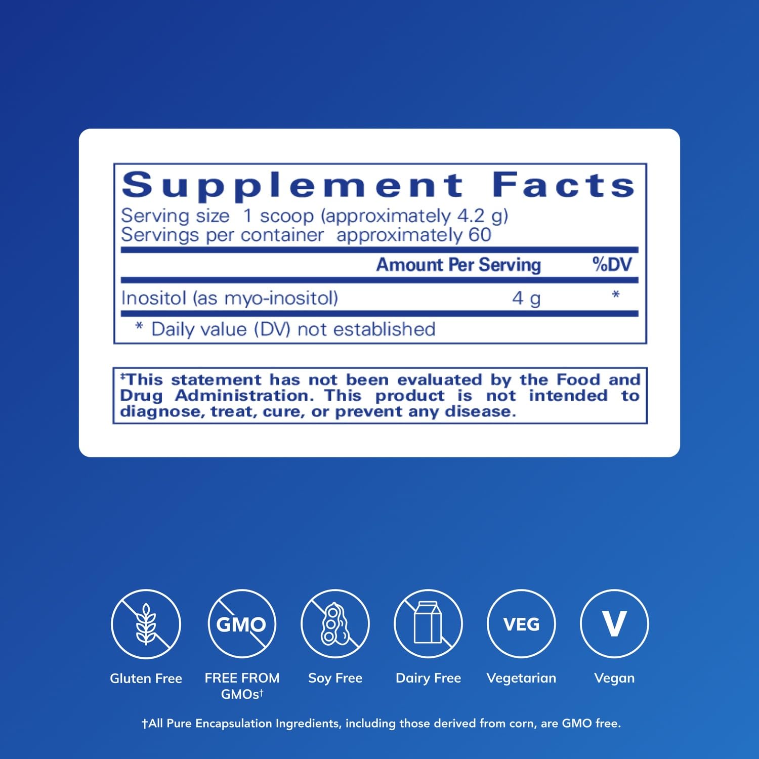 Close-up label of Pure Encapsulations Inositol powder highlighting allergen-free formula