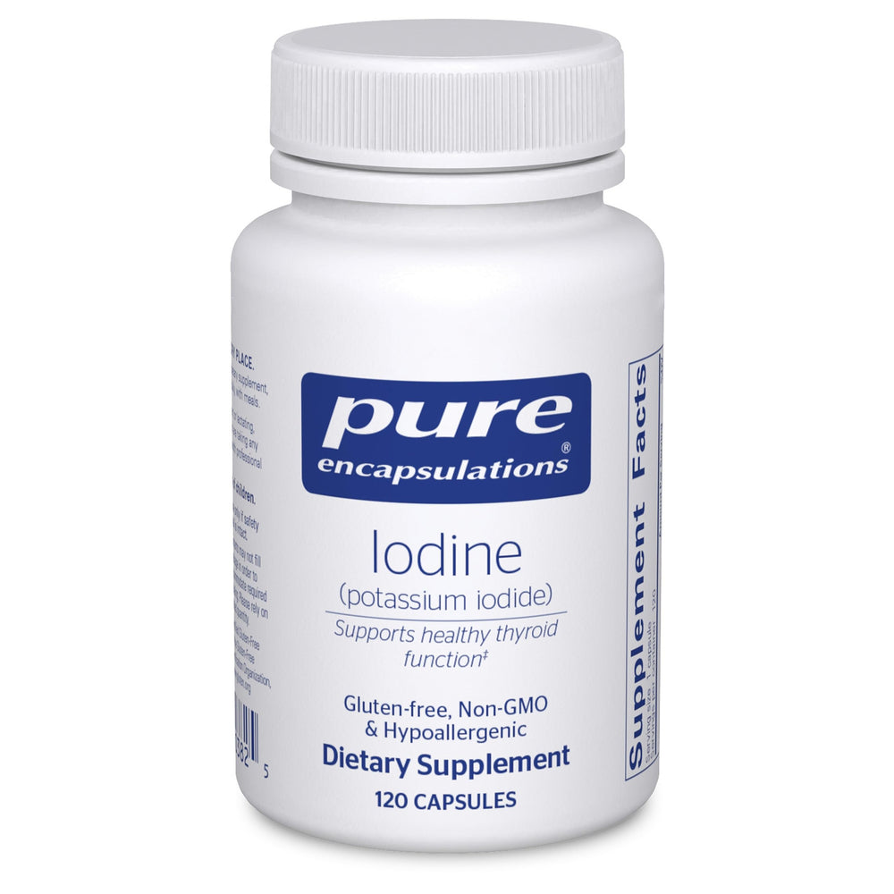 Pure Encapsulations Iodine bottle on white surface supporting thyroid health
