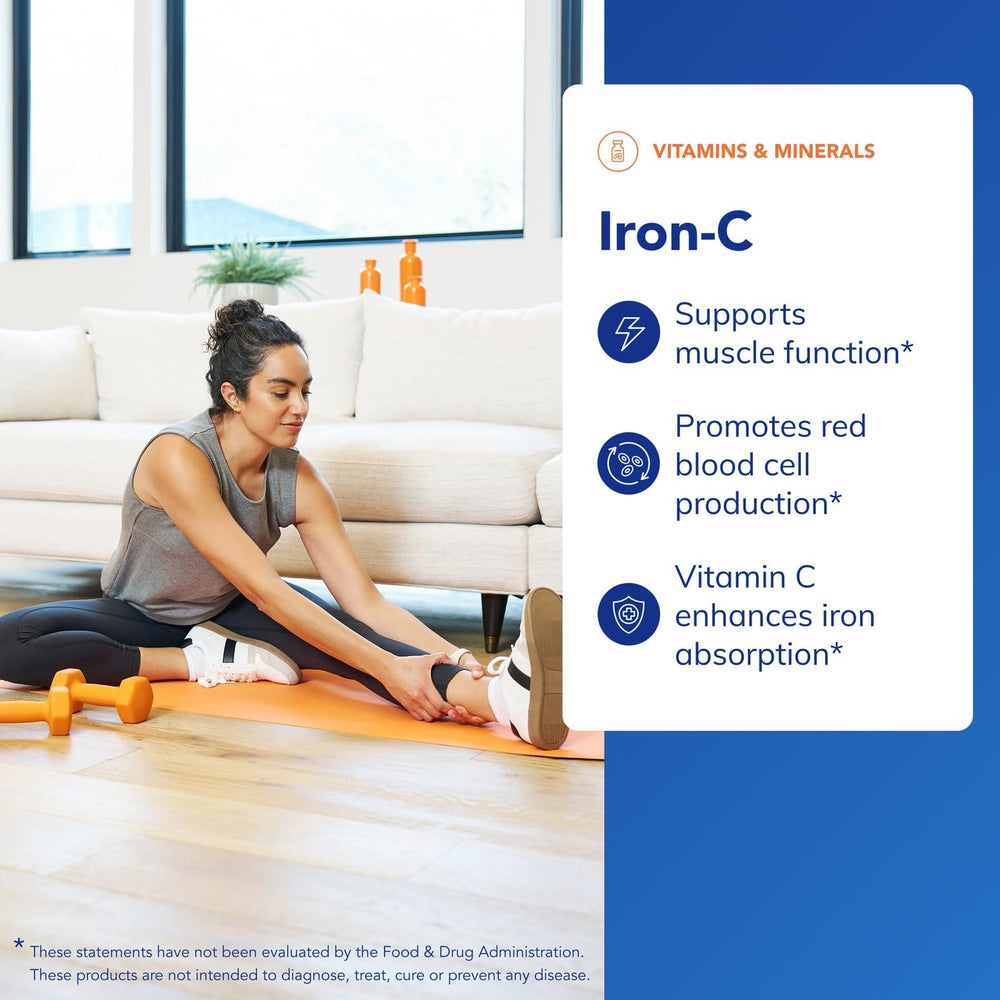 Iron-C label detail shows 15 mg iron and 175 mg vitamin C.