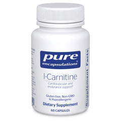 Pure Encapsulations L-Carnitine bottle with label supports energy metabolism.