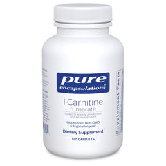 Pure Encapsulations L-Carnitine Fumarate bottle shows hypoallergenic packaging for clean energy support.