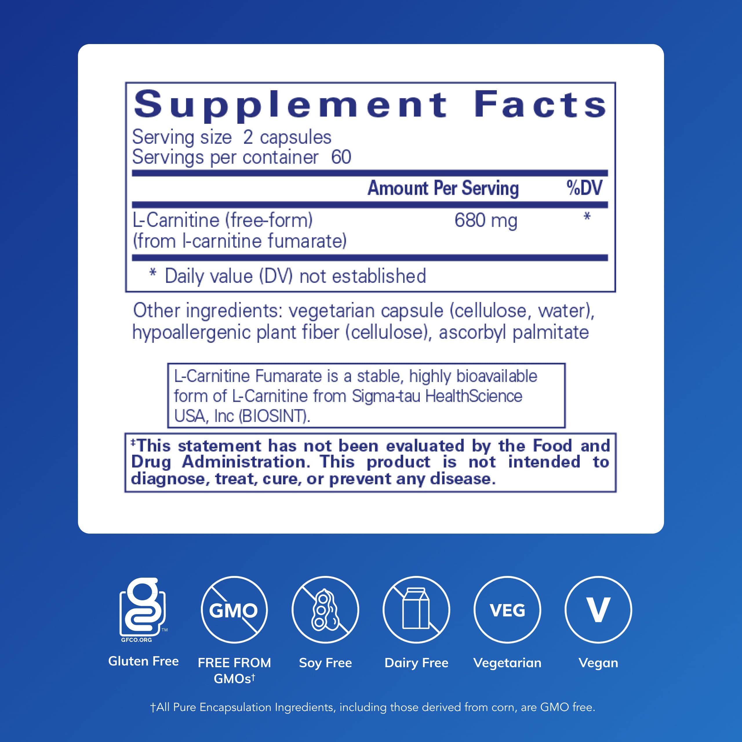 L-Carnitine Fumarate capsules for daily energy support by Pure Encapsulations.