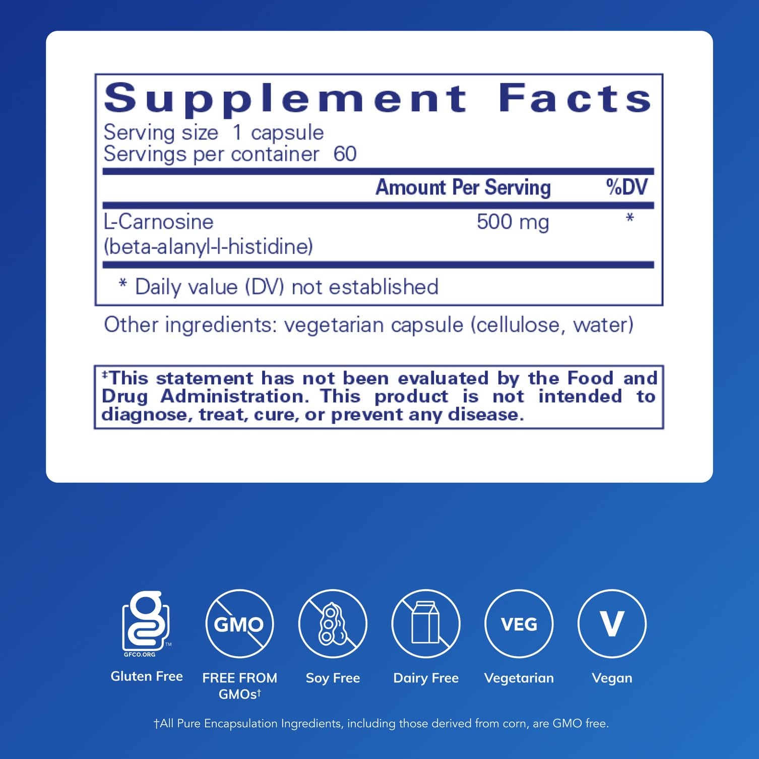 Pure Encapsulations L-Carnosine bottle back shows ingredients and allergen-free purity