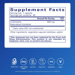 Pure Encapsulations L-Carnosine bottle back shows ingredients and allergen-free purity