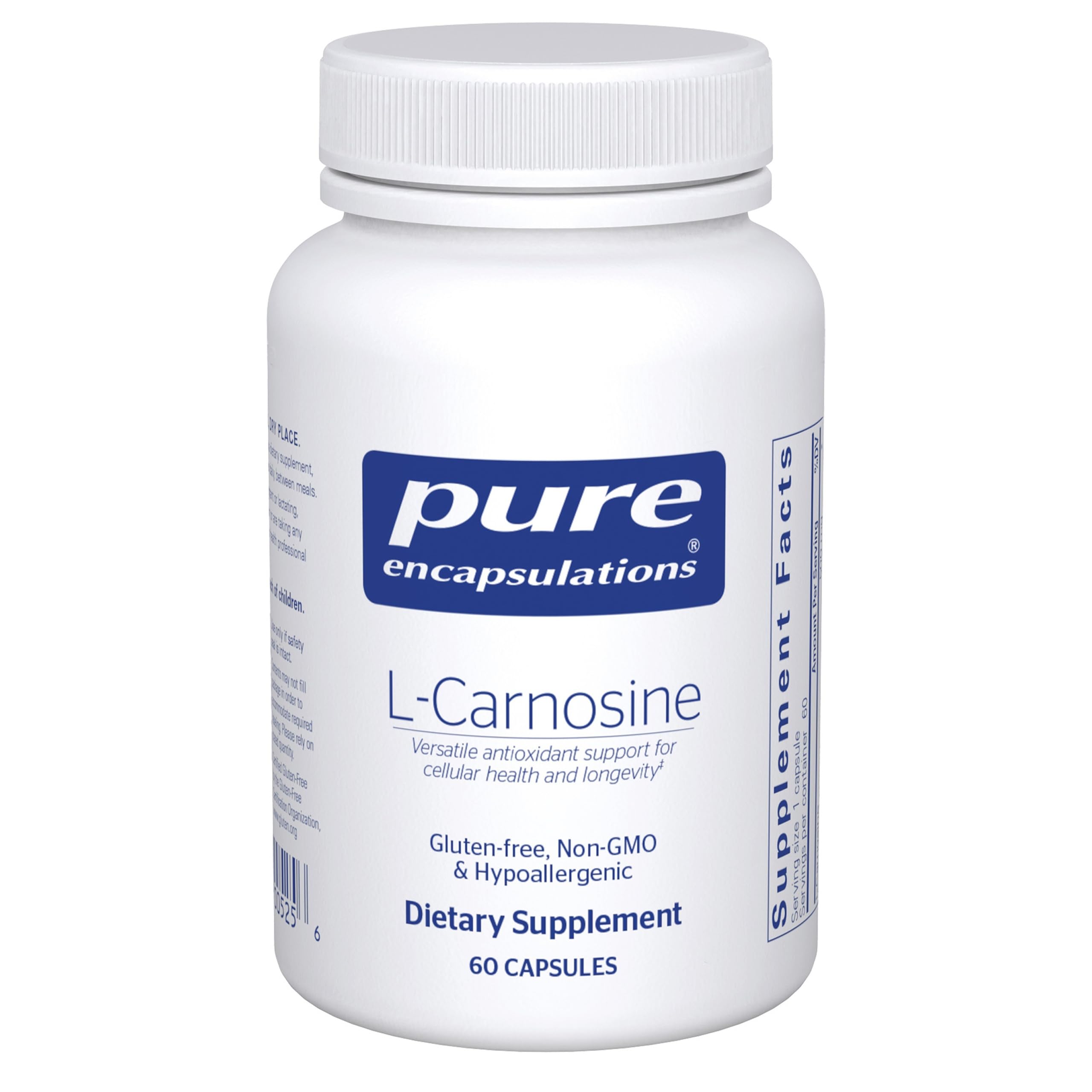 Pure Encapsulations L-Carnosine bottle front highlights premium packaging for antioxidant support