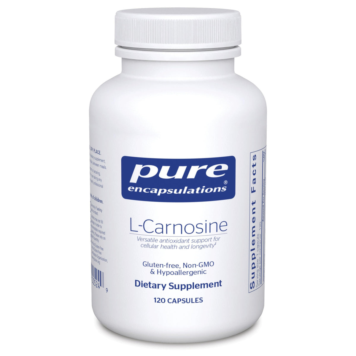 Pure Encapsulations L-Carnosine bottle front showing clean label for joint and brain support.