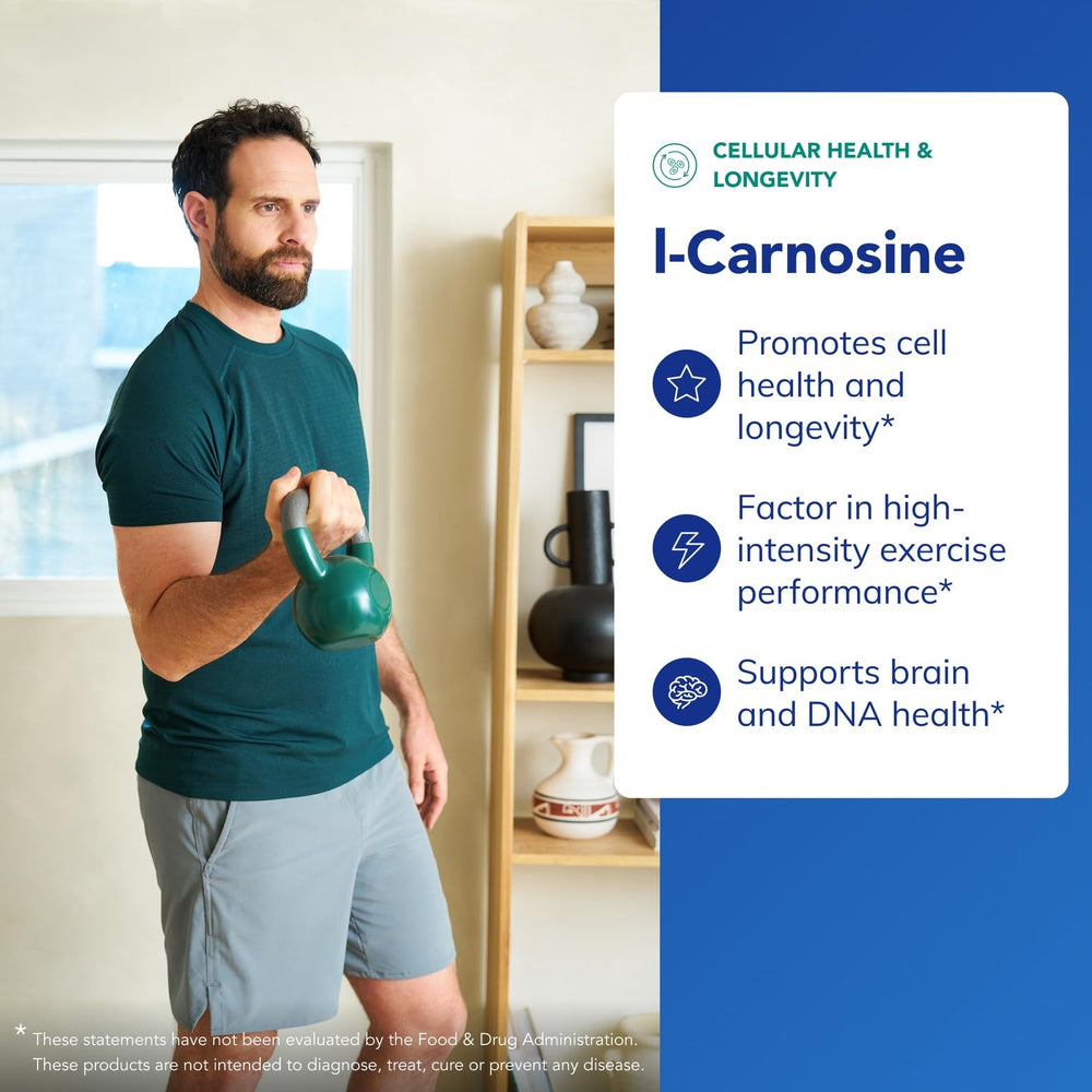 Pure Encapsulations L-Carnosine label close-up with purity and ingredient details.